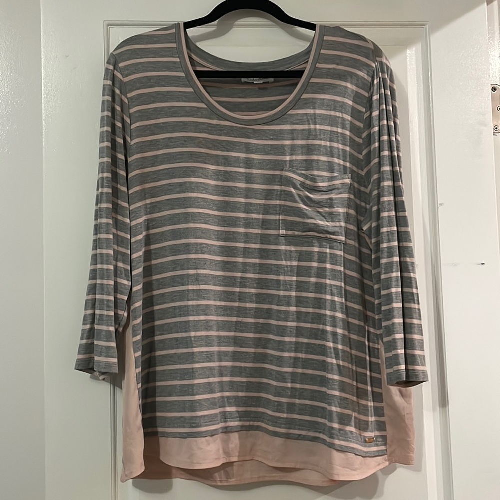 Calvin Klein XL pink and grey striped 3/4 sleeved tshirt with a front pocket